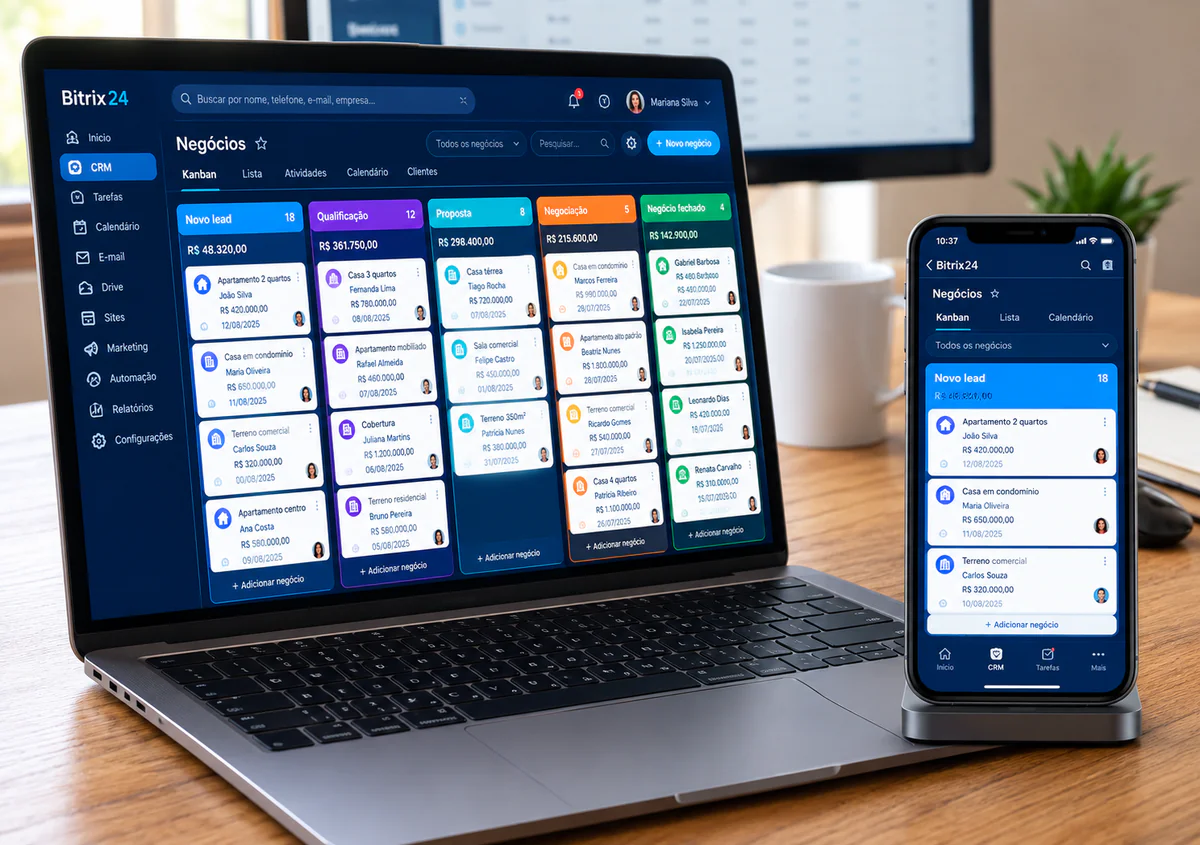Notebook e celular sobre a mesa exibindo o CRM do Bitrix24, com os negócios em quadro Kanban pelas etapas Novo lead, Qualificação, Proposta, Negociação e Negócio fechado, também no app mobile