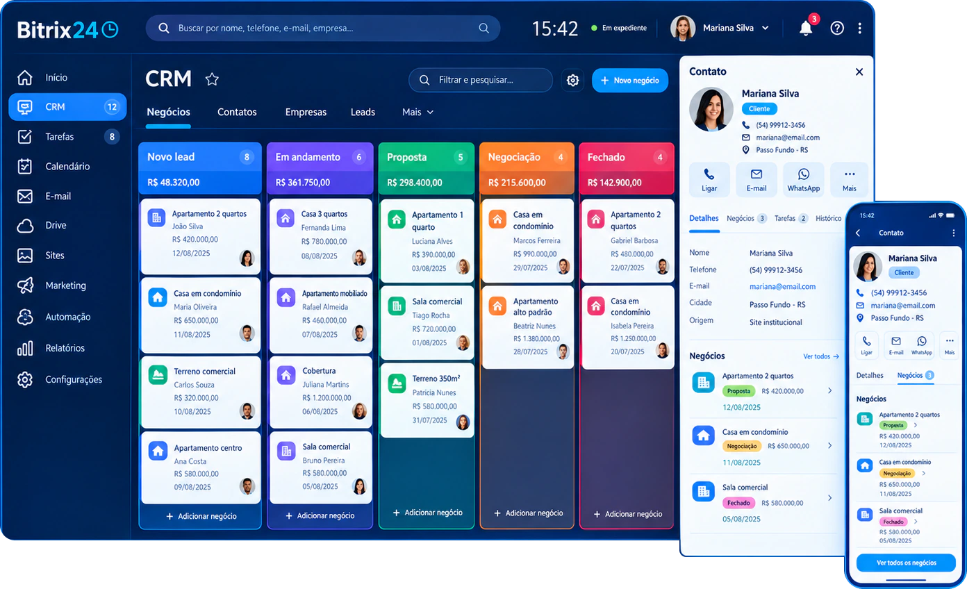 Tela do CRM do Bitrix24 com os negócios em quadro Kanban nas etapas Novo lead, Em andamento, Proposta, Negociação e Fechado, com o valor total de cada etapa, ao lado da ficha da contato Mariana Silva com dados e negócios, também aberta no celular