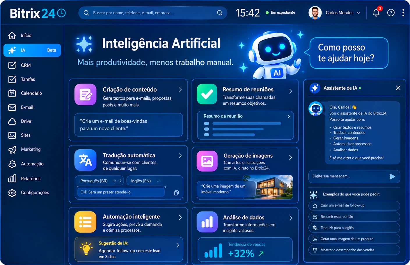 Tela de Inteligência Artificial do Bitrix24 com o robô do CoPilot e cards de criação de conteúdo, resumo de reuniões, tradução automática, geração de imagens, automação inteligente e análise de dados, ao lado do Assistente de IA com exemplos do que se pode pedir